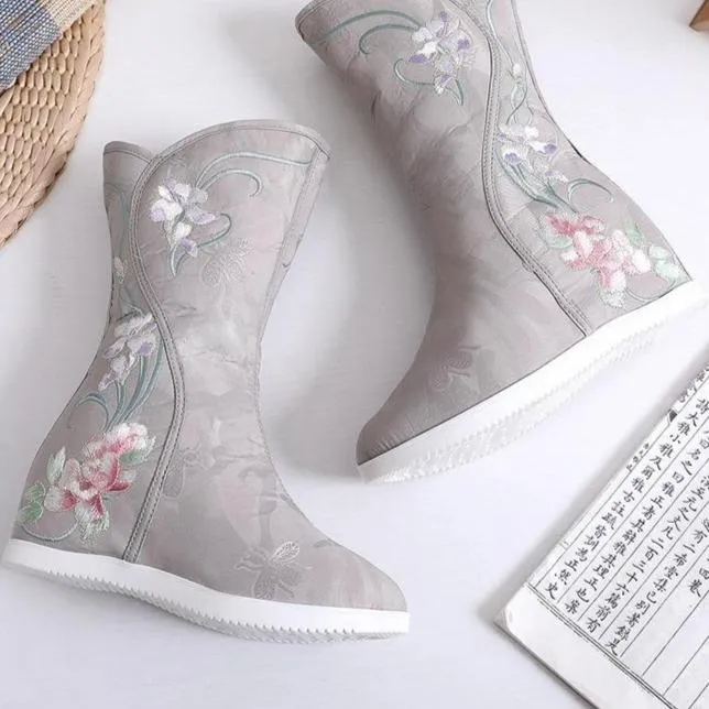 Retro flower embroidery plush lined mid calf boots | Inner wedge snow boots
