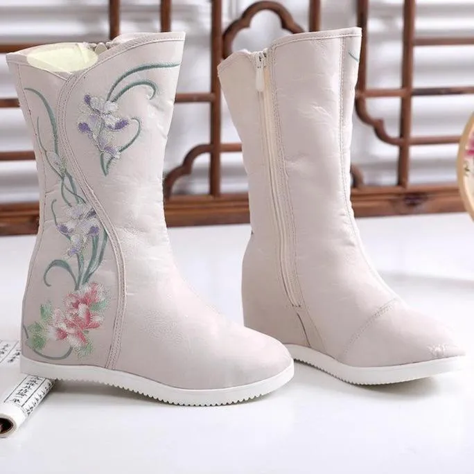 Retro flower embroidery plush lined mid calf boots | Inner wedge snow boots