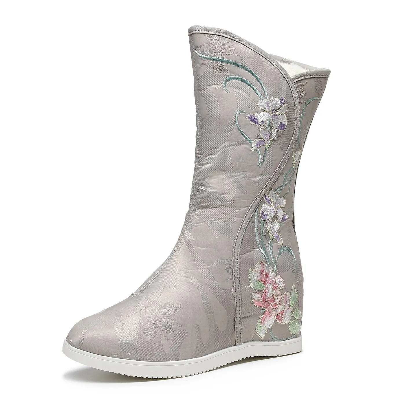 Retro flower embroidery plush lined mid calf boots | Inner wedge snow boots