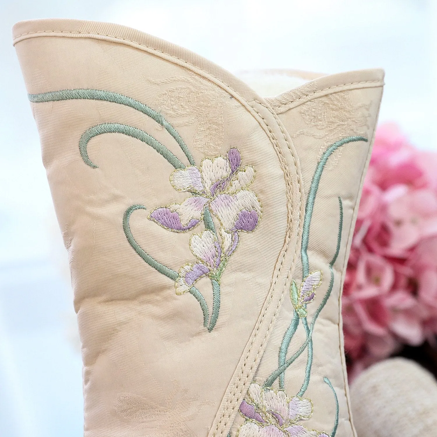 Retro flower embroidery plush lined mid calf boots | Inner wedge snow boots