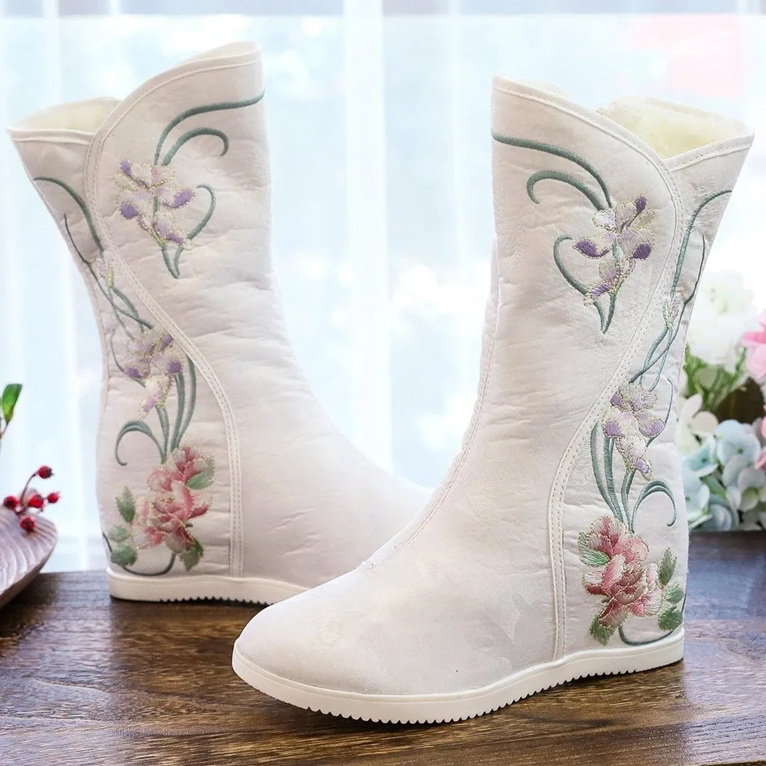 Retro flower embroidery plush lined mid calf boots | Inner wedge snow boots