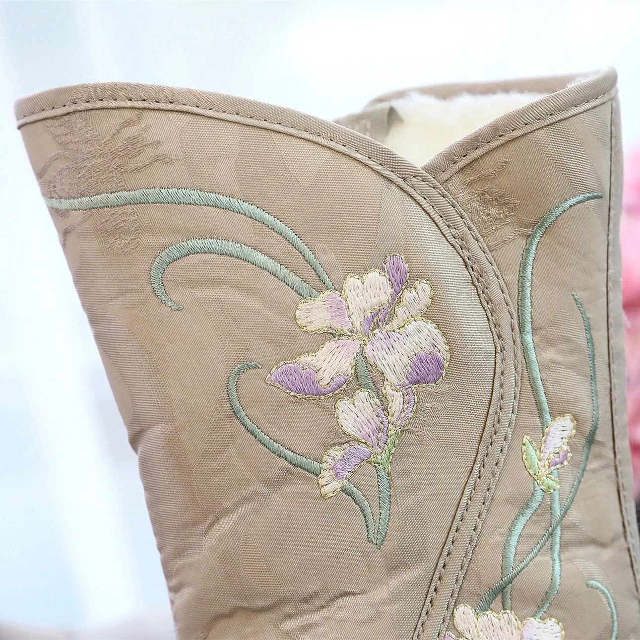 Retro flower embroidery plush lined mid calf boots | Inner wedge snow boots