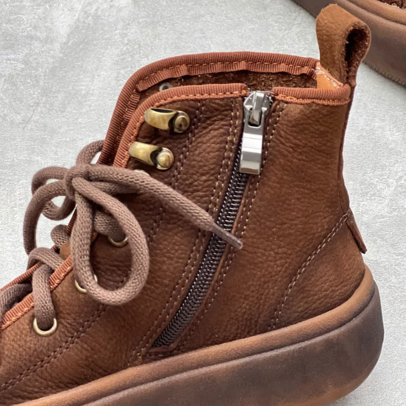 Retro Round Toe Lace-up Casual Leather Boots