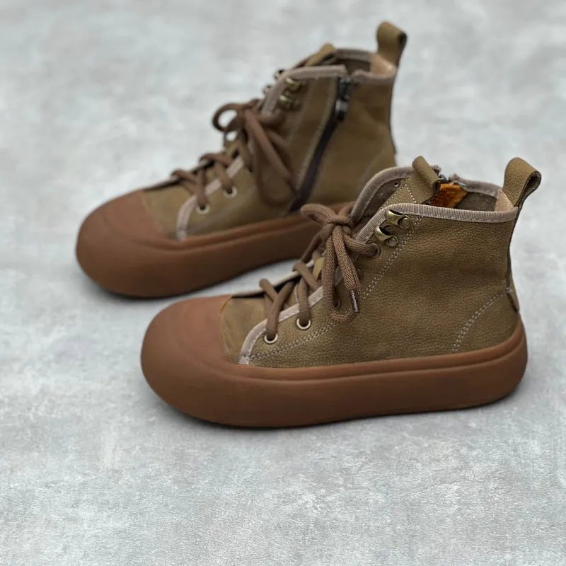Retro Round Toe Lace-up Casual Leather Boots