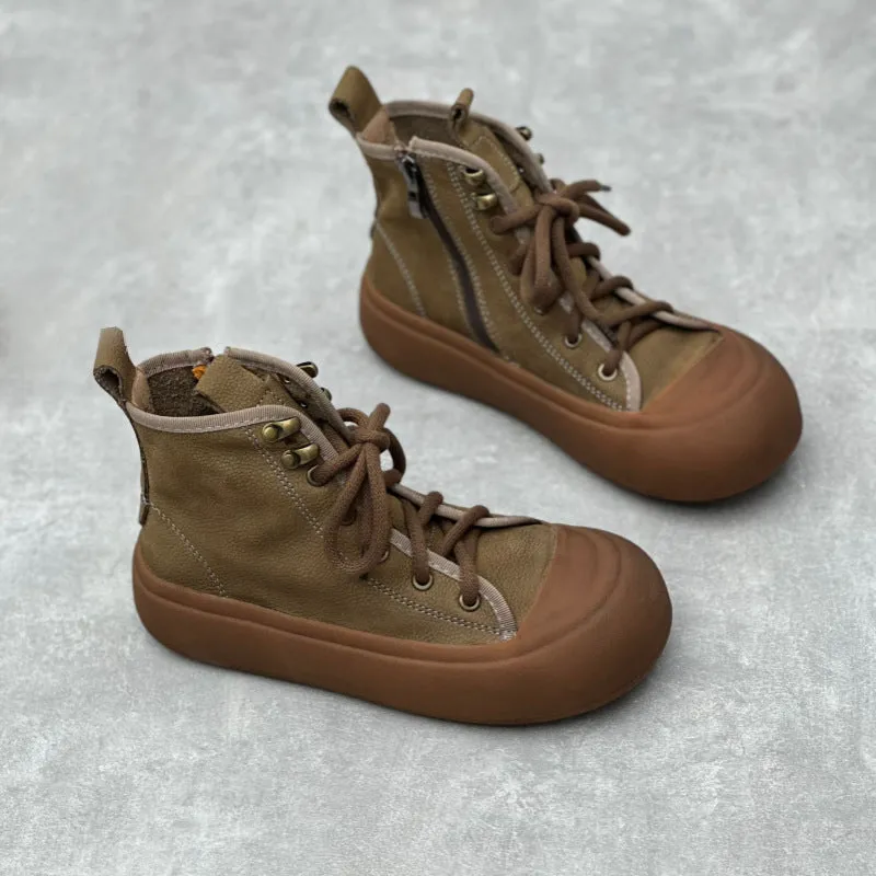 Retro Round Toe Lace-up Casual Leather Boots