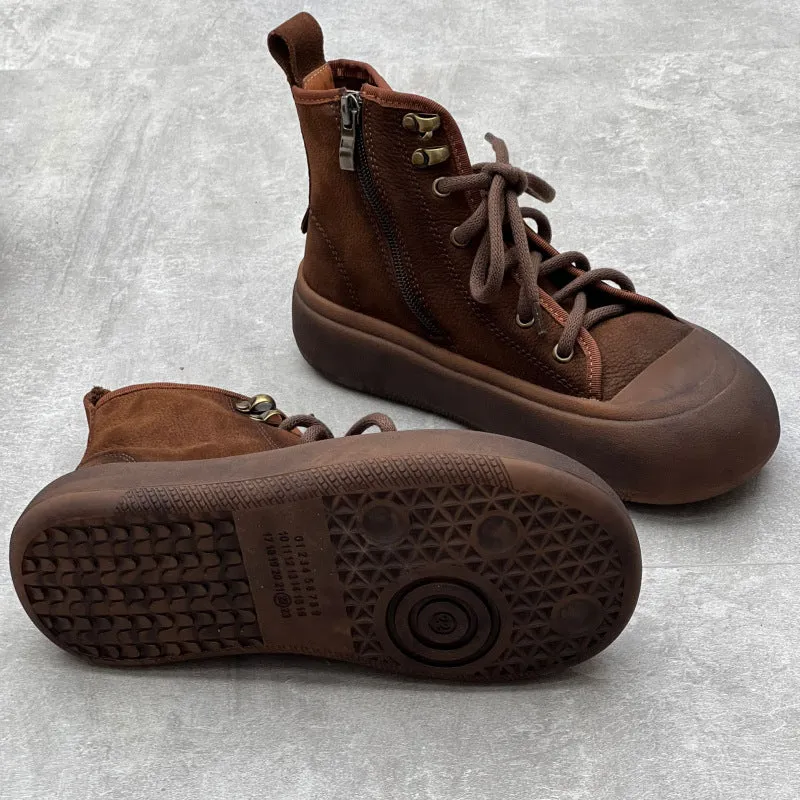 Retro Round Toe Lace-up Casual Leather Boots