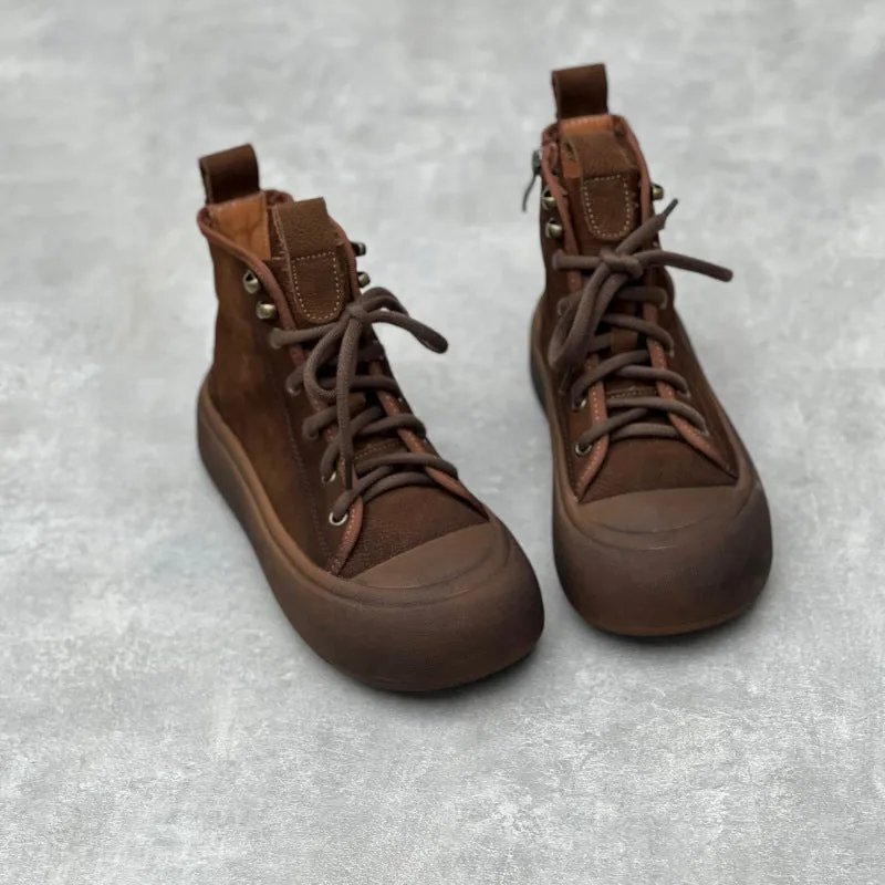 Retro Round Toe Lace-up Casual Leather Boots