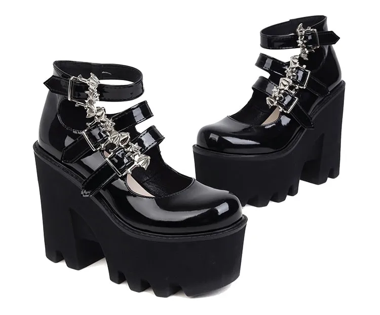 Silver Bat Buckle 3-Breasted Punk Style Wedge Pumps Ultra-High Waterproof Platform Glossy Patent Leather Trendy Shoes