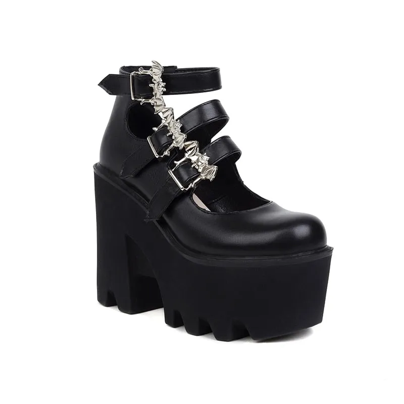 Silver Bat Buckle 3-Breasted Punk Style Wedge Pumps Ultra-High Waterproof Platform Glossy Patent Leather Trendy Shoes