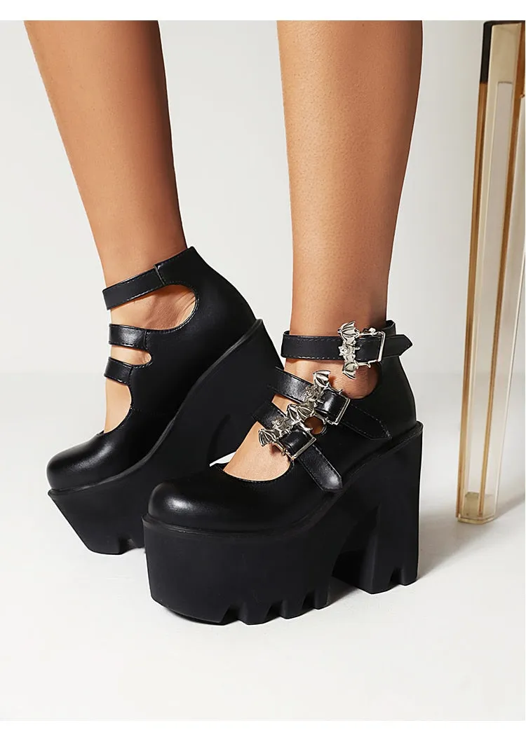 Silver Bat Buckle 3-Breasted Punk Style Wedge Pumps Ultra-High Waterproof Platform Glossy Patent Leather Trendy Shoes
