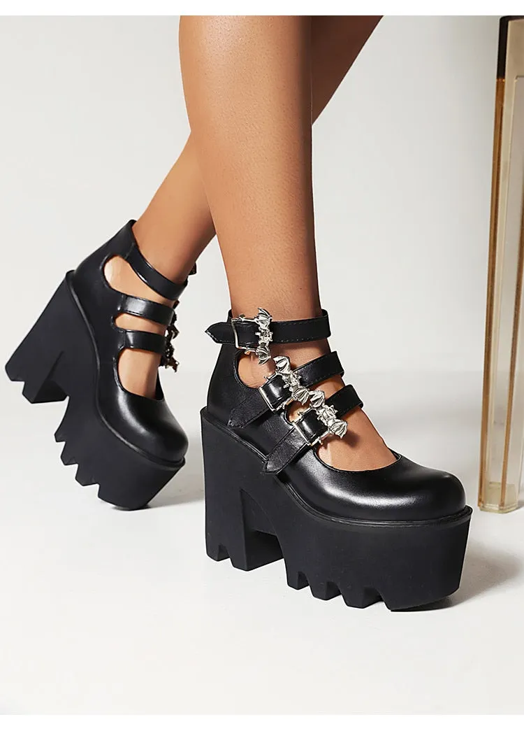 Silver Bat Buckle 3-Breasted Punk Style Wedge Pumps Ultra-High Waterproof Platform Glossy Patent Leather Trendy Shoes