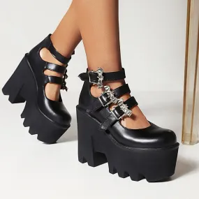 Silver Bat Buckle 3-Breasted Punk Style Wedge Pumps Ultra-High Waterproof Platform Glossy Patent Leather Trendy Shoes