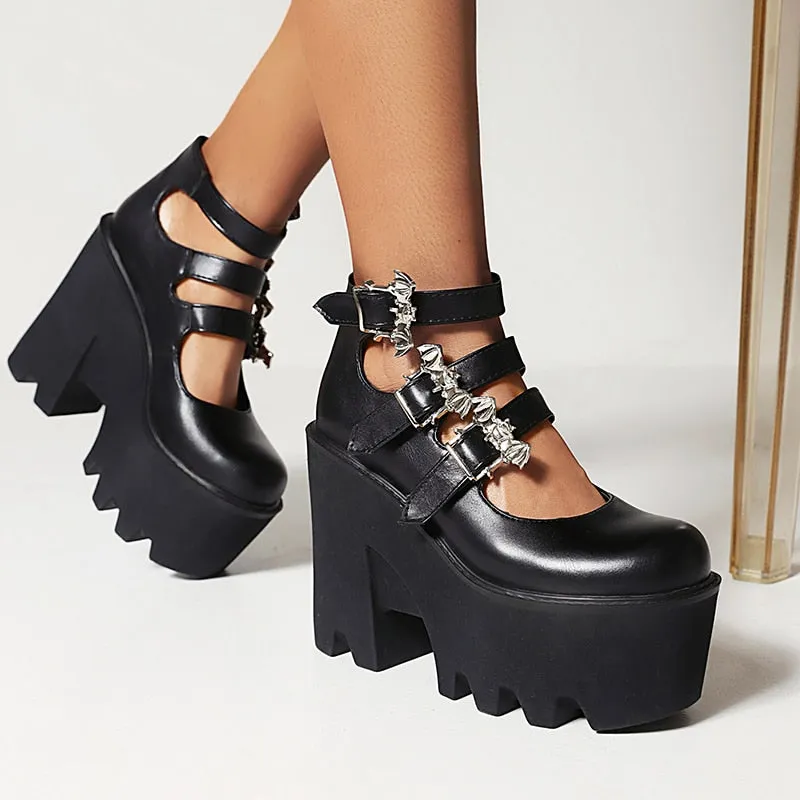 Silver Bat Buckle 3-Breasted Punk Style Wedge Pumps Ultra-High Waterproof Platform Glossy Patent Leather Trendy Shoes