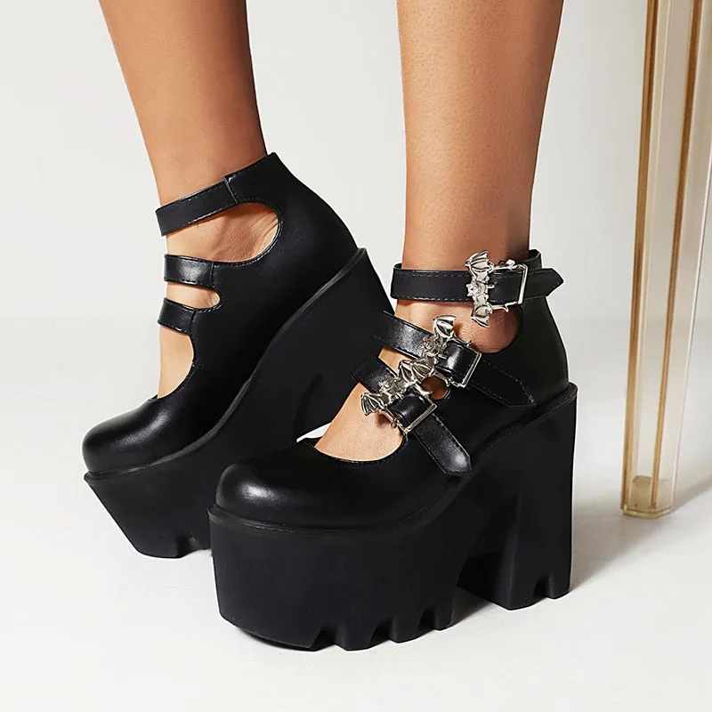 Silver Bat Buckle 3-Breasted Punk Style Wedge Pumps Ultra-High Waterproof Platform Glossy Patent Leather Trendy Shoes