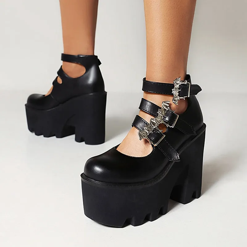 Silver Bat Buckle 3-Breasted Punk Style Wedge Pumps Ultra-High Waterproof Platform Glossy Patent Leather Trendy Shoes