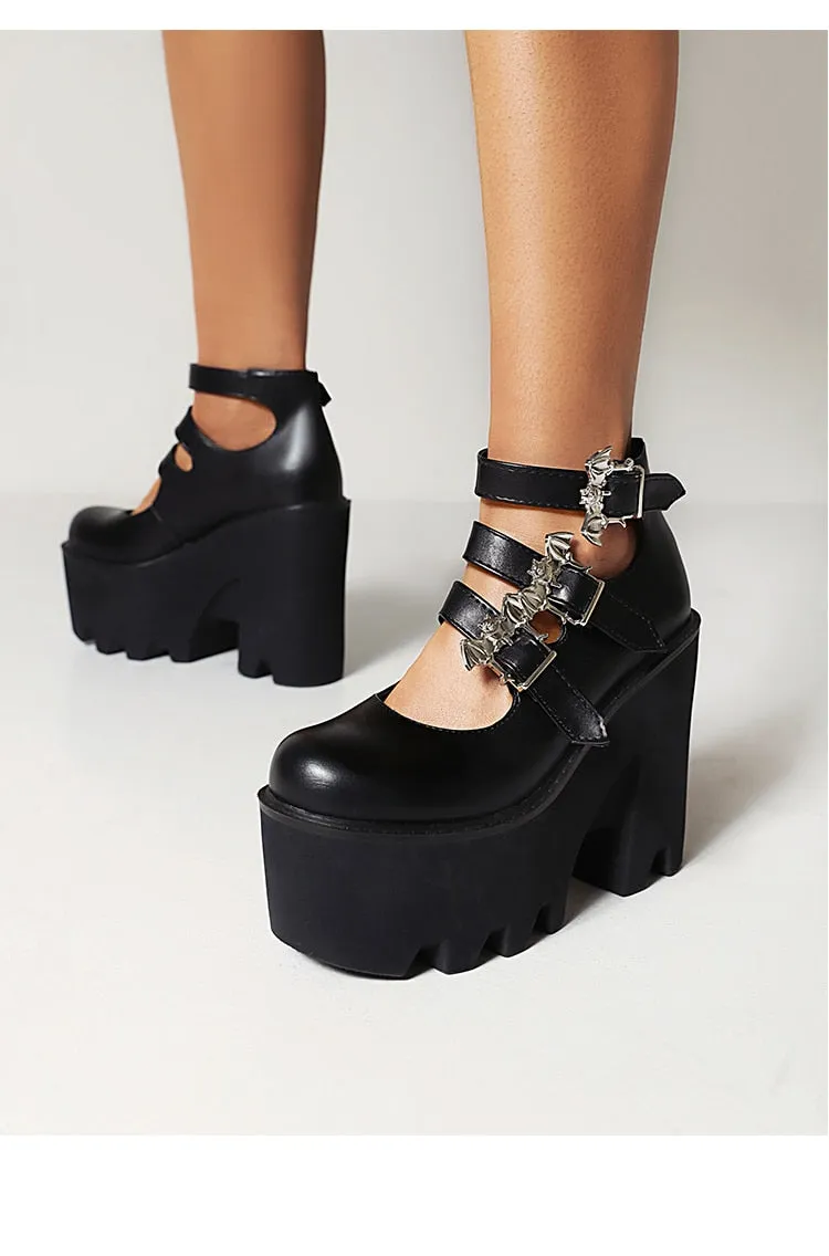 Silver Bat Buckle 3-Breasted Punk Style Wedge Pumps Ultra-High Waterproof Platform Glossy Patent Leather Trendy Shoes