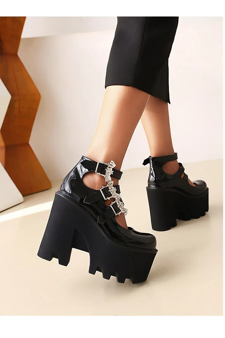 Silver Bat Buckle 3-Breasted Punk Style Wedge Pumps Ultra-High Waterproof Platform Glossy Patent Leather Trendy Shoes