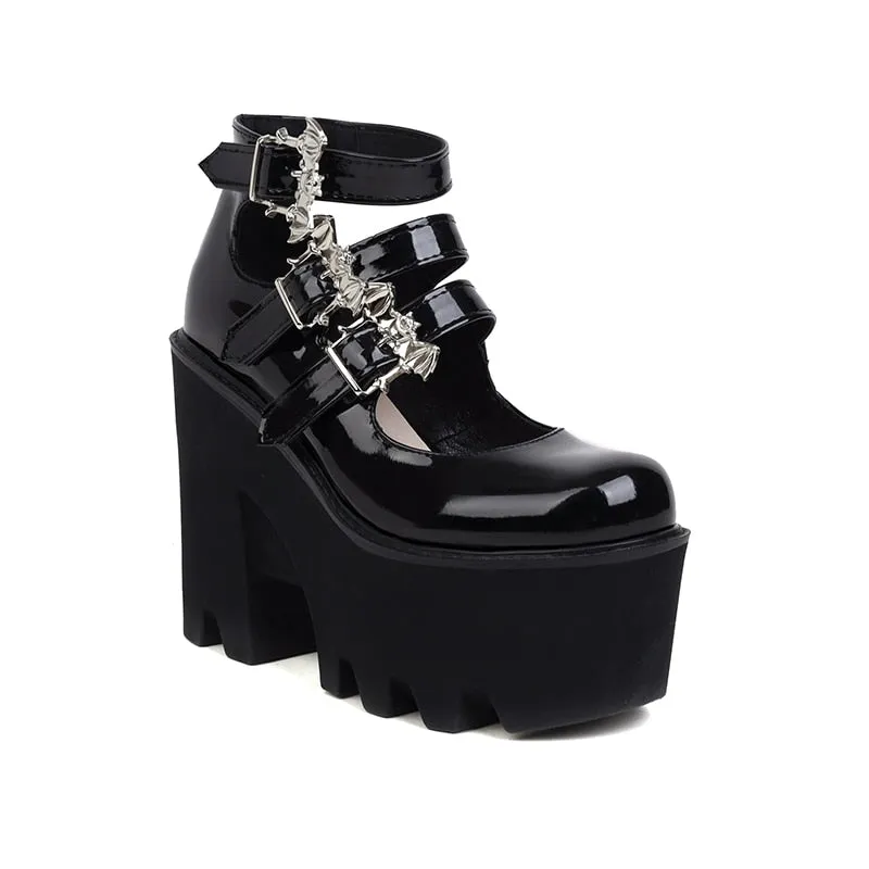 Silver Bat Buckle 3-Breasted Punk Style Wedge Pumps Ultra-High Waterproof Platform Glossy Patent Leather Trendy Shoes