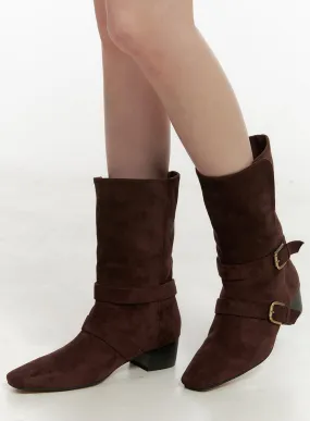 Suede Buckle Mid-Calf Boots IN427