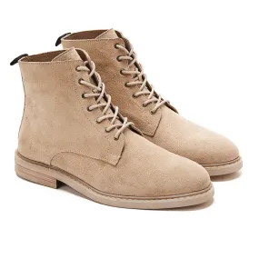 Suede Lace Up Genuine Leather Half Boots - Beige