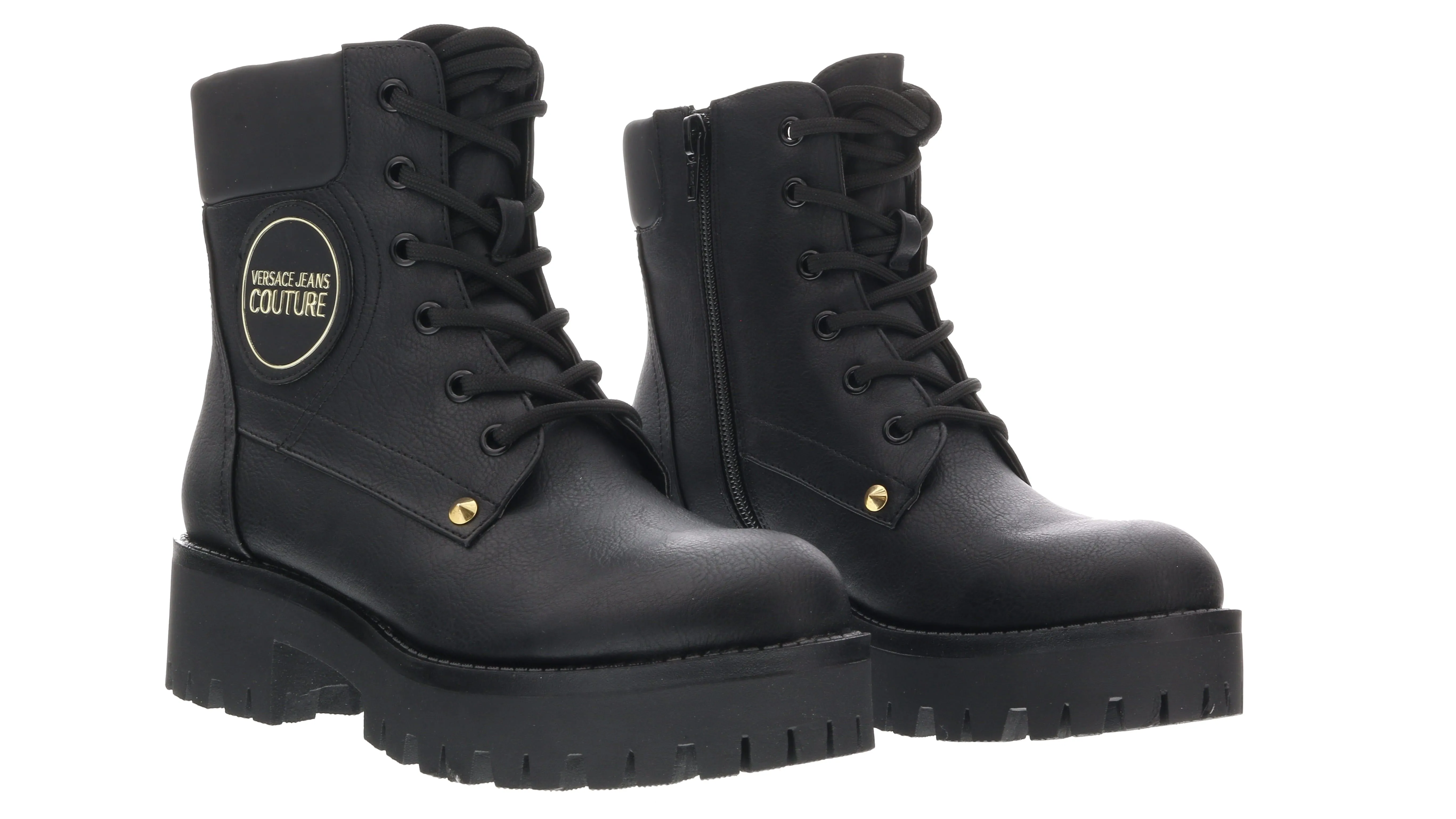 Versace Jeans Couture Black Leather Heel Lace Up Boots