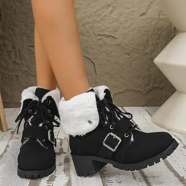 Women's Casual Plush Lace-Up Block Heel Snow Boots 94761948S