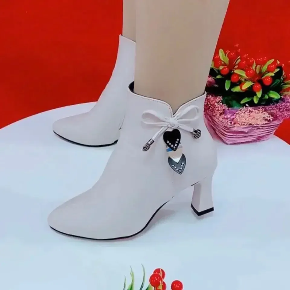 Women's High-Heeled Ankle Boots – White Waterproof Zip Boots for Spring & Autumn