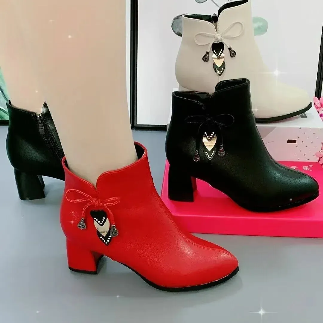 Women's High-Heeled Ankle Boots – White Waterproof Zip Boots for Spring & Autumn