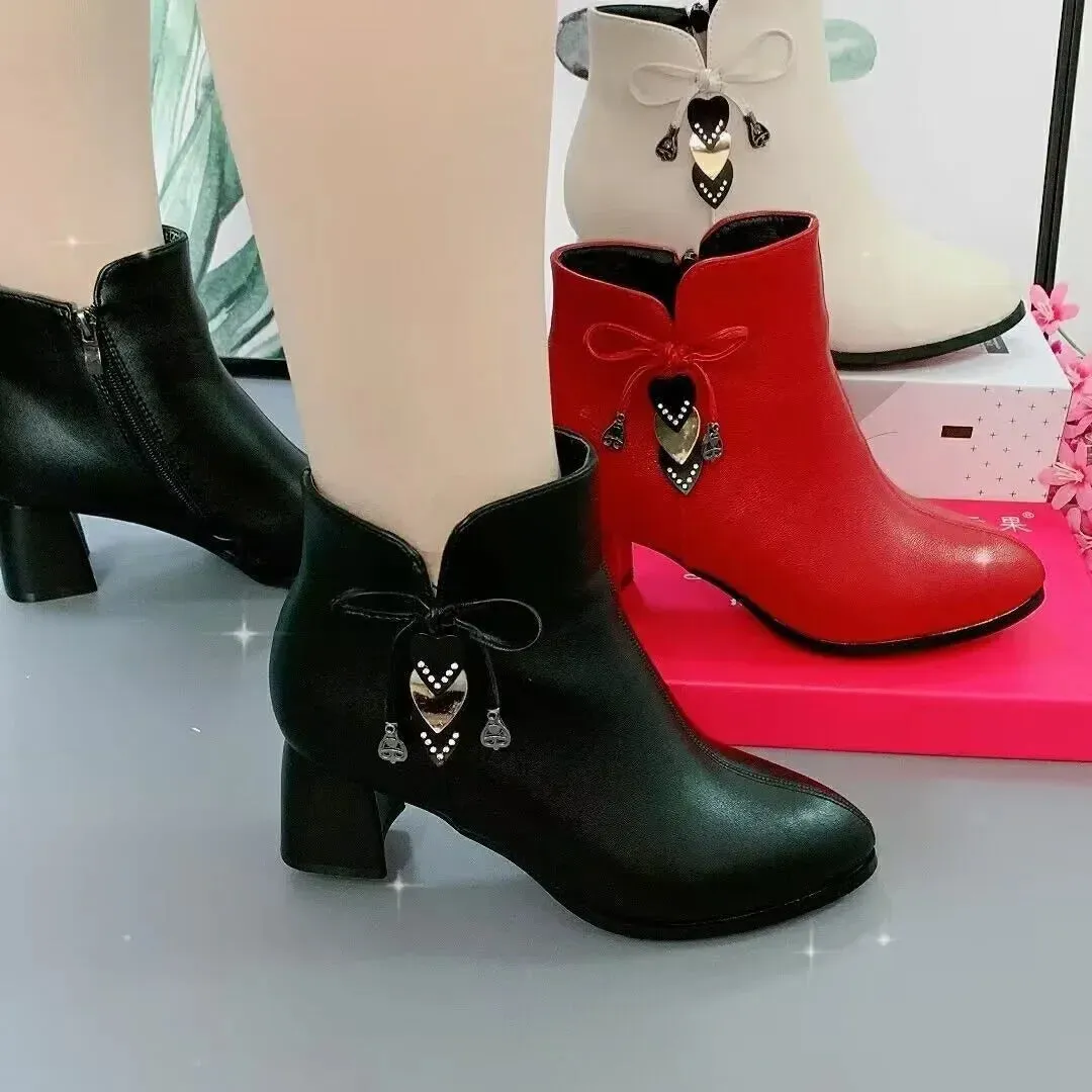 Women's High-Heeled Ankle Boots – White Waterproof Zip Boots for Spring & Autumn