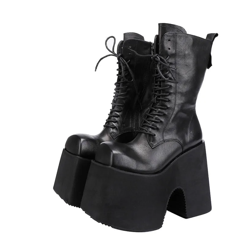Women's Leather Martin Boots with Platform Sole Unique Design Vintage Lace-Up Mid-Calf Boots