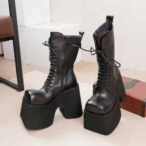 Women's Leather Martin Boots with Platform Sole Unique Design Vintage Lace-Up Mid-Calf Boots