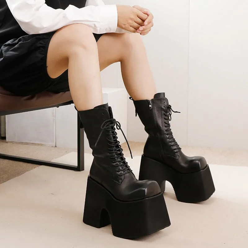 Women's Leather Martin Boots with Platform Sole Unique Design Vintage Lace-Up Mid-Calf Boots