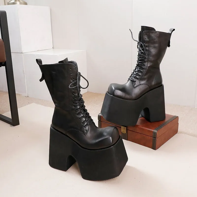 Women's Leather Martin Boots with Platform Sole Unique Design Vintage Lace-Up Mid-Calf Boots