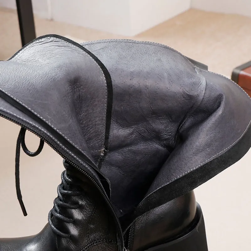 Women's Leather Martin Boots with Platform Sole Unique Design Vintage Lace-Up Mid-Calf Boots