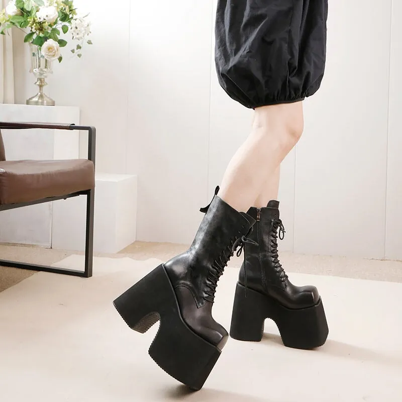 Women's Leather Martin Boots with Platform Sole Unique Design Vintage Lace-Up Mid-Calf Boots