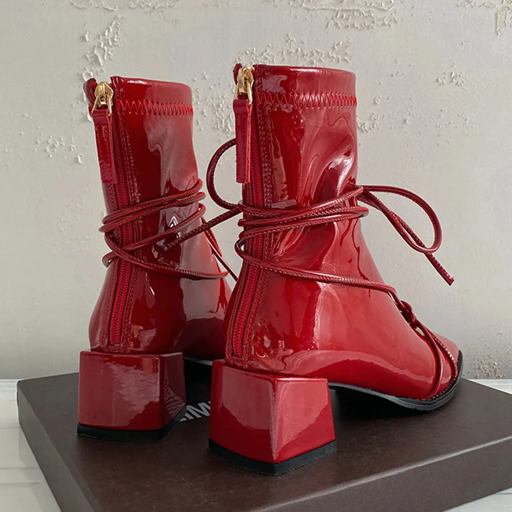 Women's Square Toe Short Patent Leather Ankle Boots Mid Heel Zip Booties