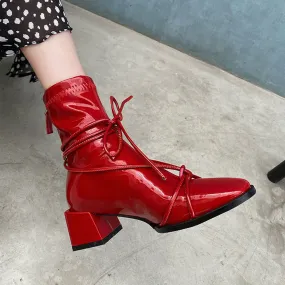 Women's Square Toe Short Patent Leather Ankle Boots Mid Heel Zip Booties