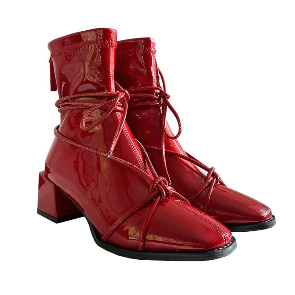 Women's Square Toe Short Patent Leather Ankle Boots Mid Heel Zip Booties