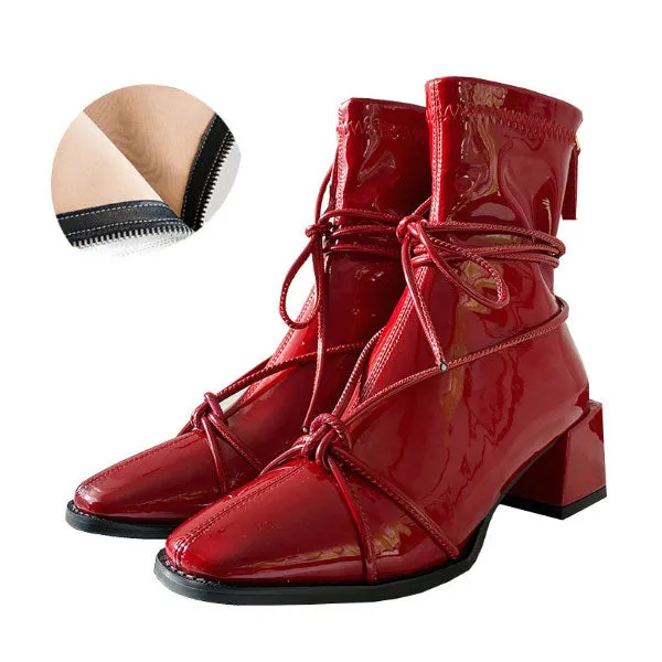 Women's Square Toe Short Patent Leather Ankle Boots Mid Heel Zip Booties