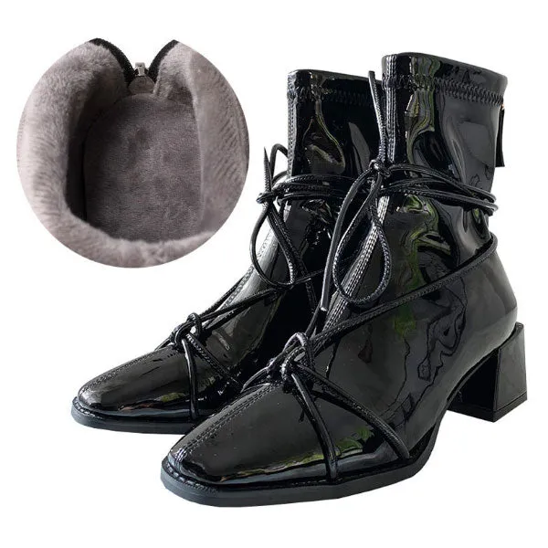 Women's Square Toe Short Patent Leather Ankle Boots Mid Heel Zip Booties