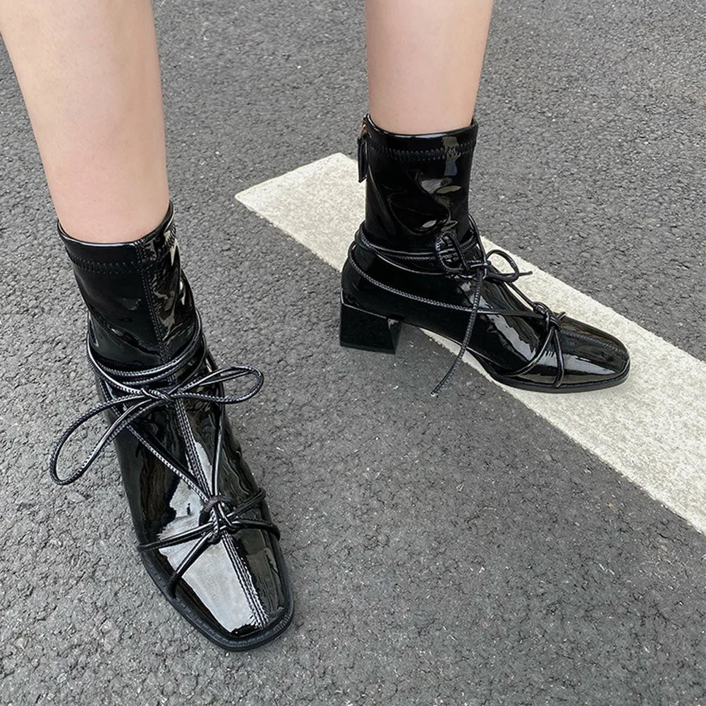 Women's Square Toe Short Patent Leather Ankle Boots Mid Heel Zip Booties