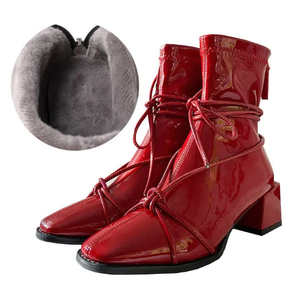 Women's Square Toe Short Patent Leather Ankle Boots Mid Heel Zip Booties