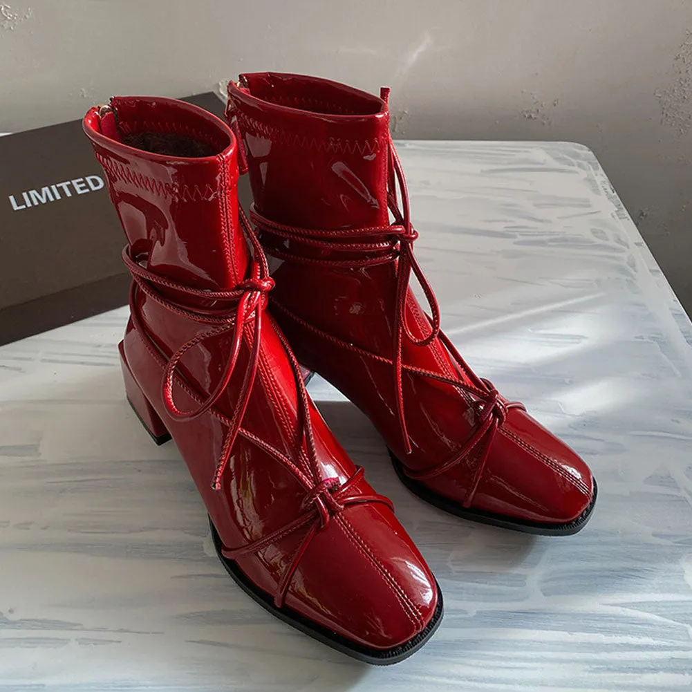 Women's Square Toe Short Patent Leather Ankle Boots Mid Heel Zip Booties