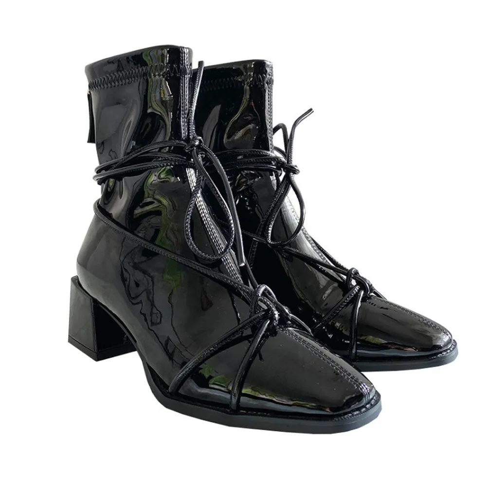 Women's Square Toe Short Patent Leather Ankle Boots Mid Heel Zip Booties