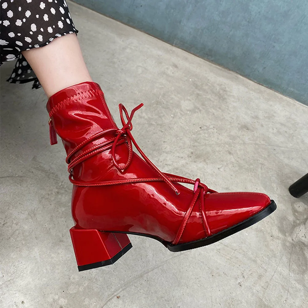 Women's Square Toe Short Patent Leather Ankle Boots Mid Heel Zip Booties
