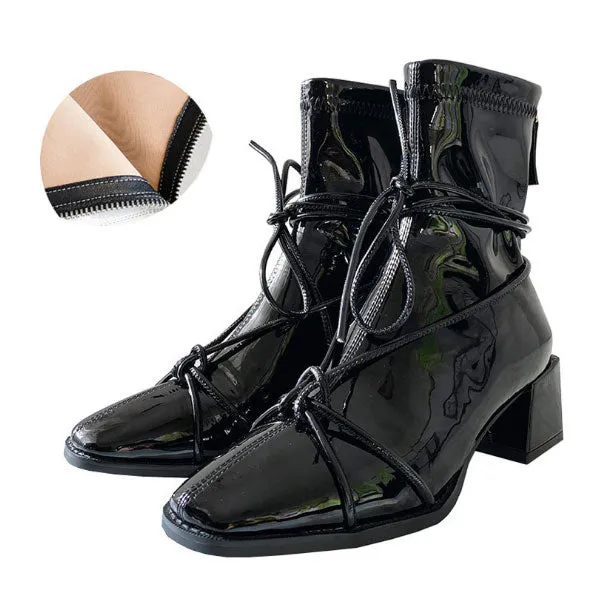 Women's Square Toe Short Patent Leather Ankle Boots Mid Heel Zip Booties